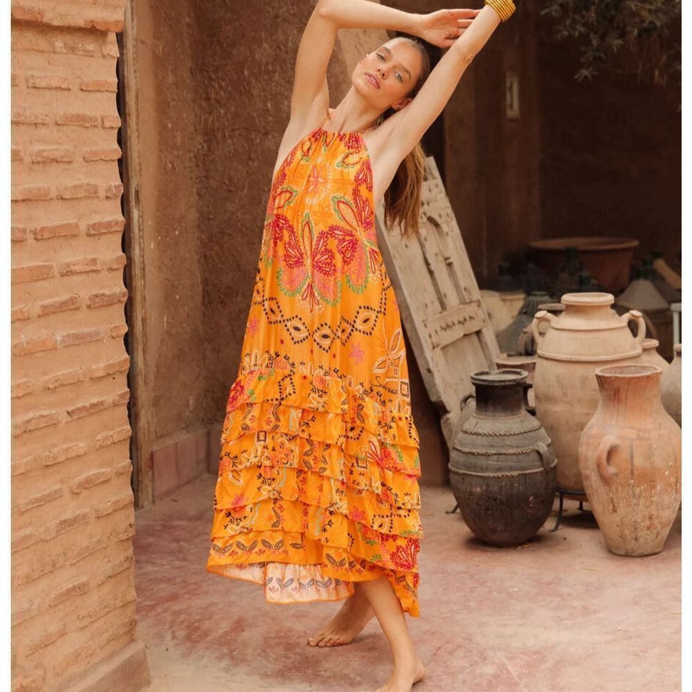 Sundress Maxi Dress M/L Floral Halter Tiered‎ Flounce Boho Resort Vacation Luxe - Picture 3 of 14
